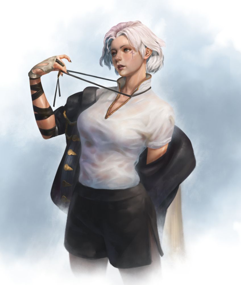A female Hyur undoing her bolo tie while taking off her leather jacket to reveal a sweaty white shirt underneath