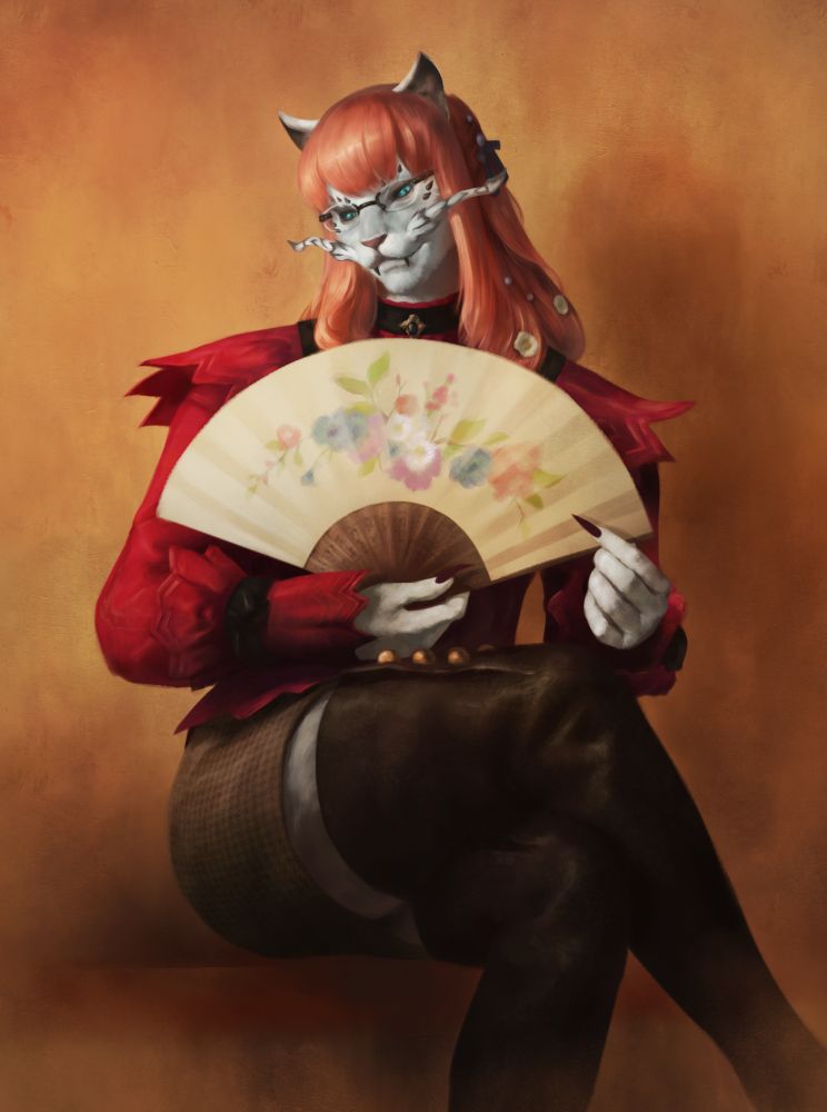 Female Hrothgar with a red top and high boots sitting with legs crossed, holding open a fan painted with flowers