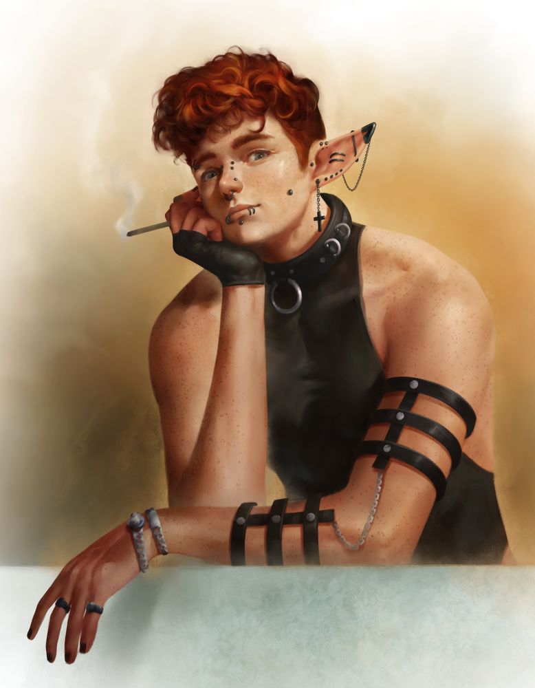 Elezen male with bushy red hair and an abundance of dark facial piercings, holding a cigarette