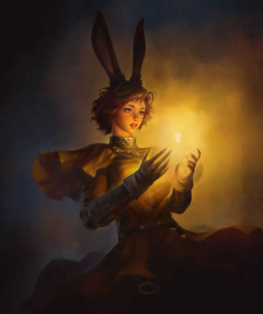Female Viera with her hands cusped around a floating Azem crystal