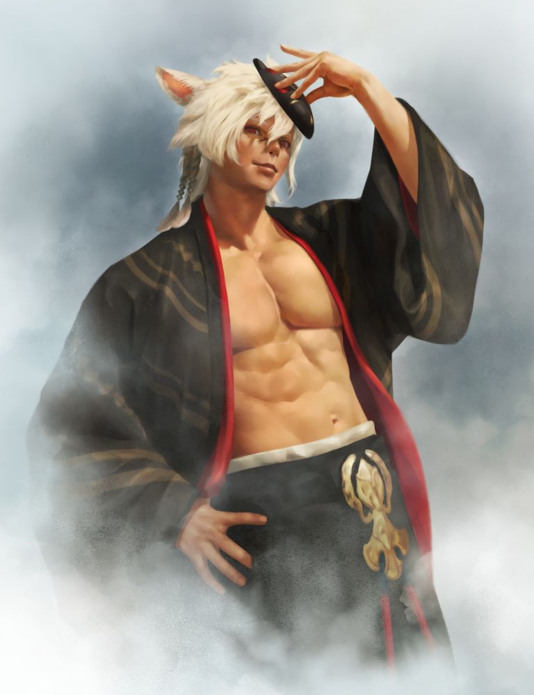 Male Miqo'te wearing a kimono with the front undone and his chest exposed, lowering a mask onto his face