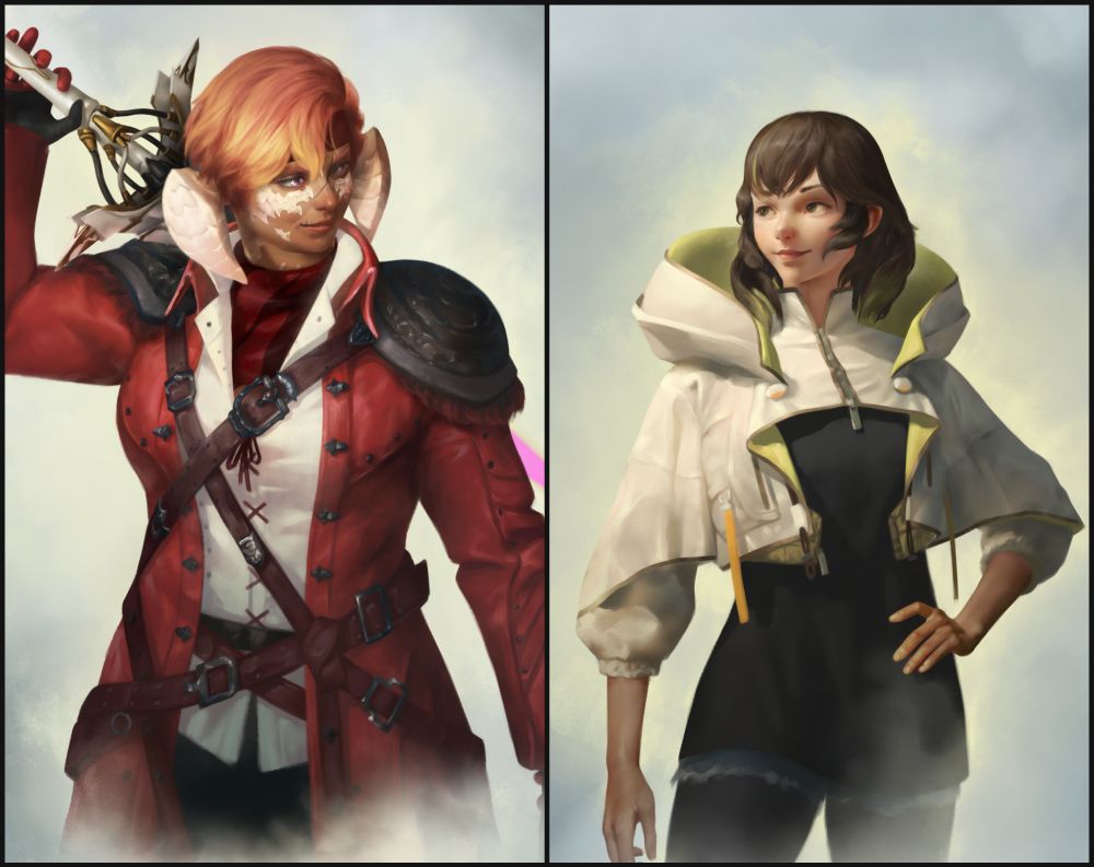 Two portraits facing each other, one of an Au'ra woman in Viper gear, and the other of Sphene in her new techwear outfit