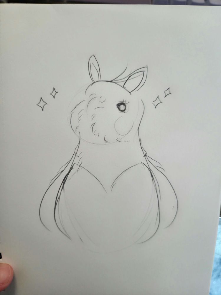 a sketchbook doodle of a cockatiel in a bunny suit