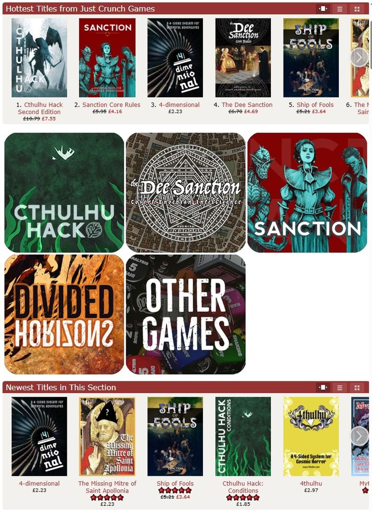 A selection of role-playing game book covers from Just Crunch Games, including Cthulhu Hack, Sanction, The Dee Sanction, and 4-dimensional. Five colourful boxes featuring eye-catching imagery - tentacles for Cthulhu Hack, a ritual circle for The Dee Sanction, three typical heroes for Sanction, a flaming star for Divided Horizons, and a mix of dice for Other Games. Prices indicate there's a sale on, with existing prices slashed and sale prices presented in red.