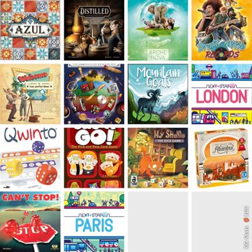 A 4x4 grid of thumbnails representing boardgames, namely Azul, Distilled, Ark Nova, Draft & Write Records, Welcome to, Exhibition: 20th Century, Mountain Goats, Next Station London, Qwinto, Sushi Go!, My Shelfir, Alhambra, Can’t Stop, Next Station Paris. The last 3 places are left empty/grey