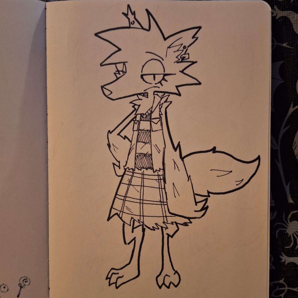 Inked sketch of a wolf girl. She has a torn vest and a tattered skirt.