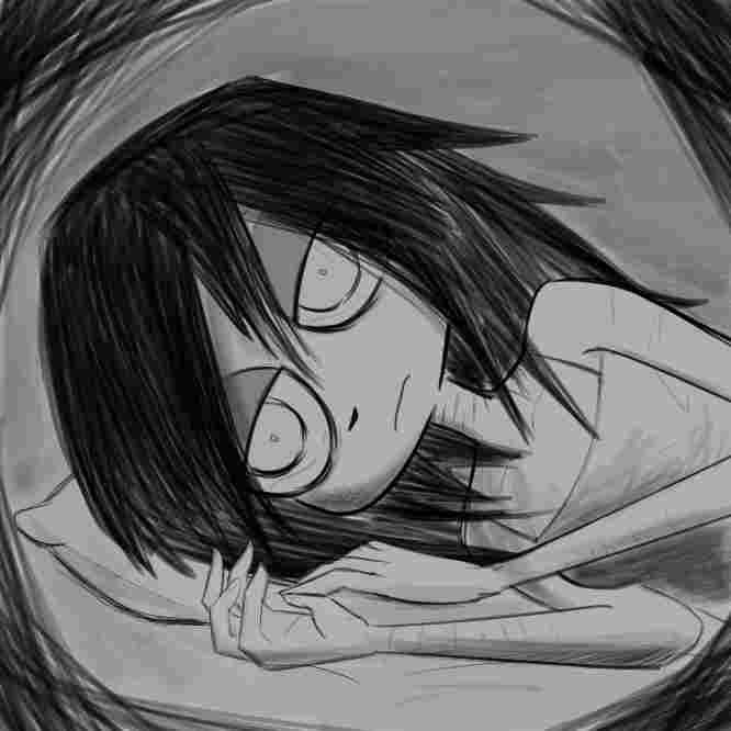 A drawing of the character from the "I Can't Sleep" series. She lies in bed only to find another sleepless night.