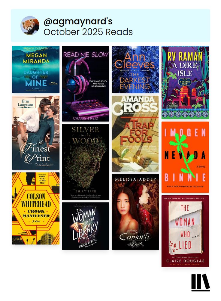 Covers of Daughter of Mine, Megan Miranda; Read Me Slow, Charish Reid; The Darkest Evening, Ann Cleeves; A Dire Isle, RV Raman; The Finest Print, Erin Langston; Silver in the Wood, Emily Tesh; A Trap for Fools, Amanda Cross; Nevada, Imogene Binnie; Crook Manifesto, Colson Whitehead; The Woman in the Library, Sulari Gentill; The Consorts, Melissa Addey; The Woman Who Lied, Claire Douglas