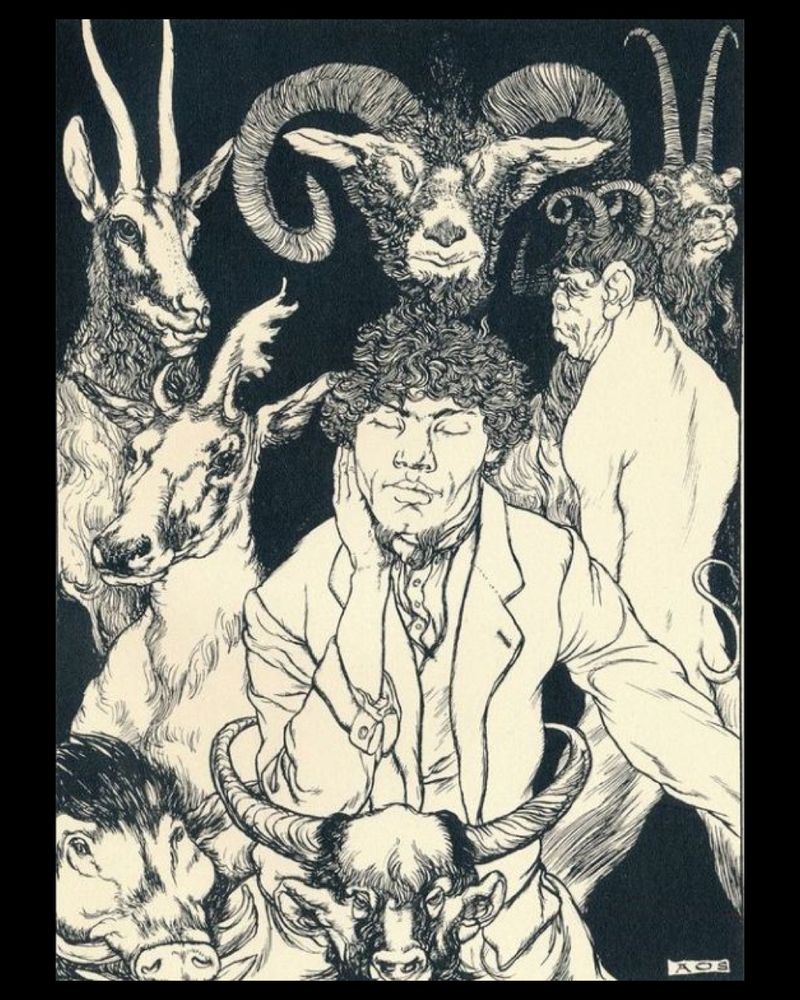 Austin Osman Spare aparece retratado rodeado de cabezas de diferentes animais con cornos, incluíndo cabras, touros e outros rumiantes, símbolos que evocan forza primixenia, instintos e a natureza salvaxe. Spare está no centro, coa man na meixela, nun xesto reflexivo, cunha expresión de serenidade introspectiva. Esta imaxe simboliza a conexión do artista co mundo instintivo e arquetípico, representando a loita entre o control racional e as forzas naturais que habitan no inconsciente.