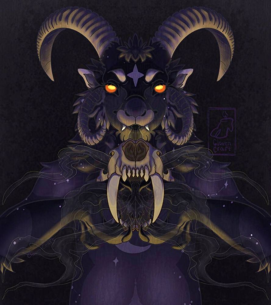A bipedal goat creature with four horns stares straight at you with glowing orange eyes. It breathes a mysterious black mist into the saber toothed skull in its hands.