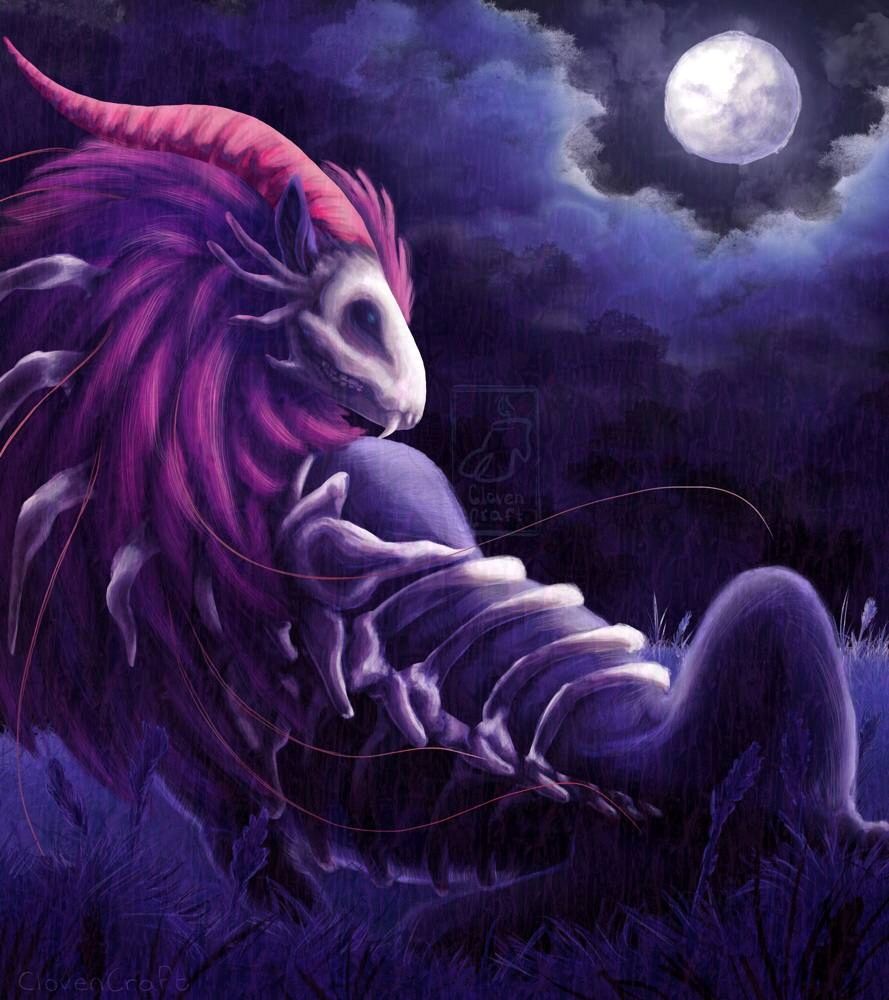 A lion-like demon rests in a grass field, gaze drifting to the distance. The sky behind him is choked by angry storm clouds. For now the moon still shines bright and clear, bathing everything in an eerie blue haze. The demon's long red horns and exposed bones glow the brightest. 