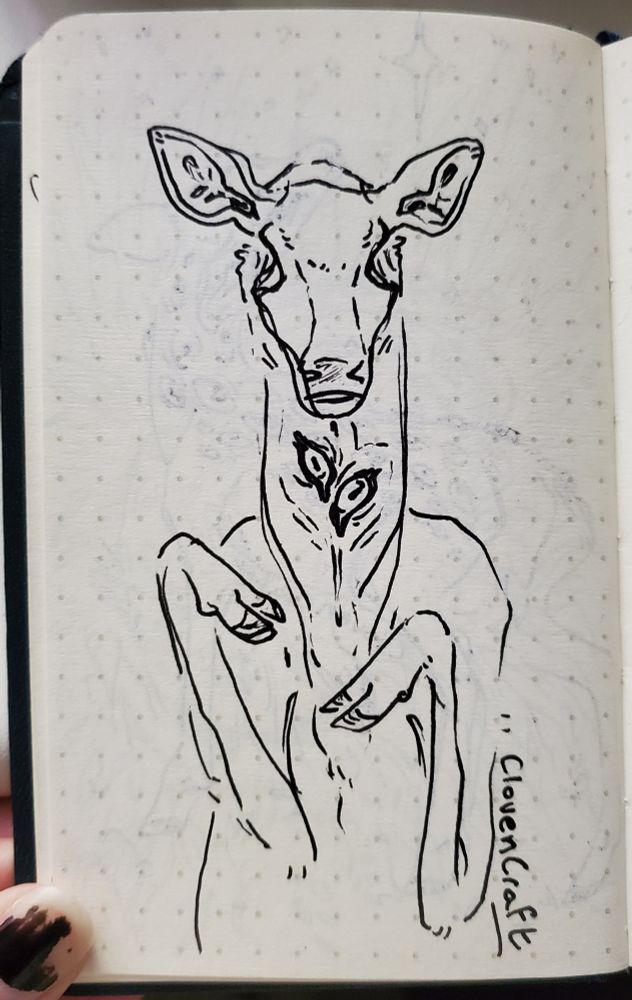 Standing on her hind legs, a doe with empty eye sockets focuses straight ahead. A fresh pair of eyes observes from her throat. 