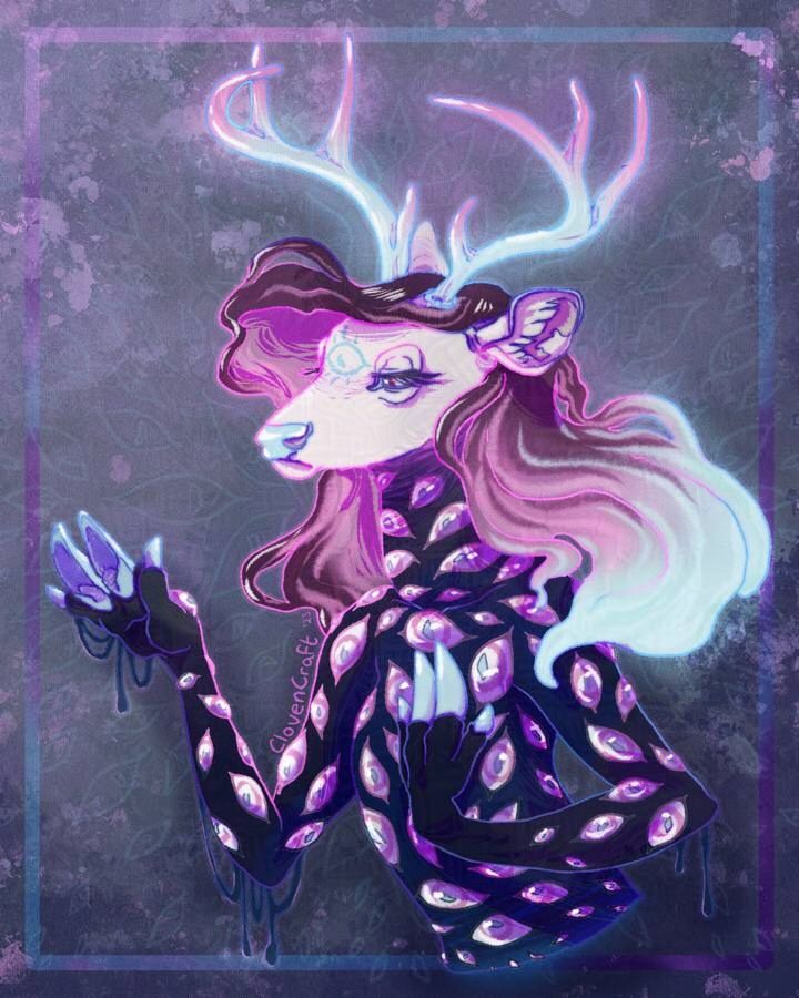 A white-faced deer woman examines her hand with an unreadable expression. From the neck down her flesh has been swallowed by the oozing void, leaving only her ghostly blue hooves to react with the light. Floating in from the dark hollow that was her body, several eyes stare unblinking into this new reality. Her hair flows around her as if underwater.