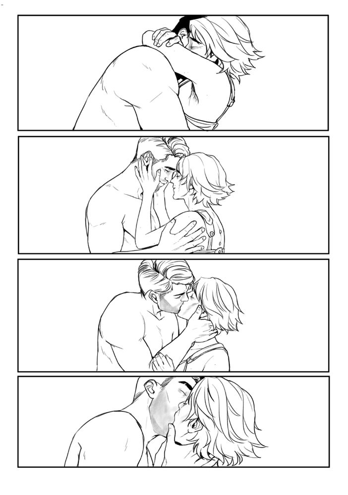 A comic page showing Jayce and Viktor hugging and kissing, without speech bubbles, but with lots of love (in the first picture they are hugging each other tightly, in the second they are touching foreheads, and in the third and fourth they are kissing passionately).