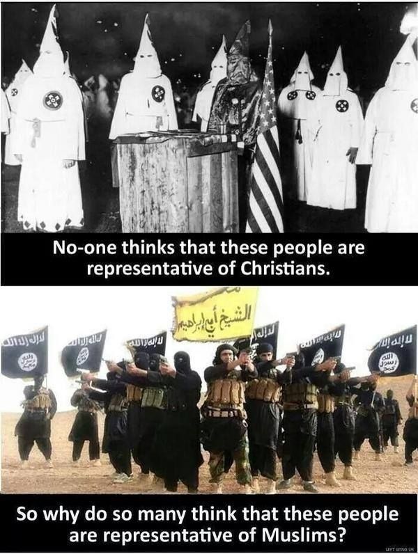 2 bilder in einem,
oben ku klux klan, text: no-one thinks that these people are representative of christians.
unten, islamisten mit fahnen, text: so why do so many think that these people are representative of muslims?