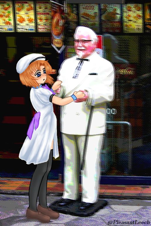 Rena-chan holding Colonel Sanders hands intimately with a look of 'kyutenss' on her face