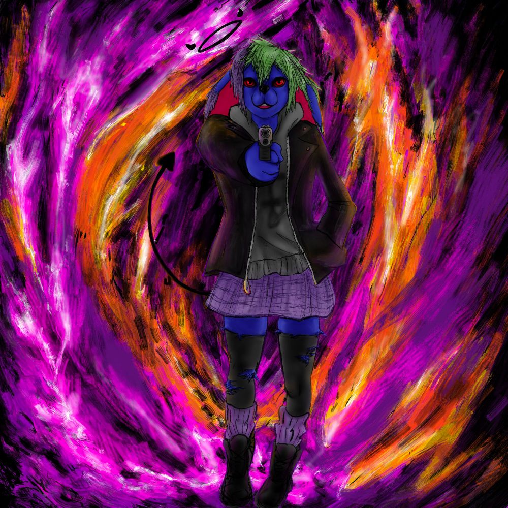 Badass femboy furry pointing a gun at you standing in flame