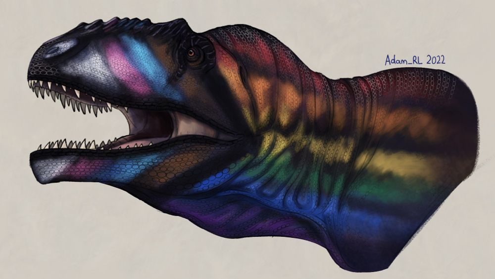 A mighty Giganotosaurus patterned in the colours of the progress pride flag.