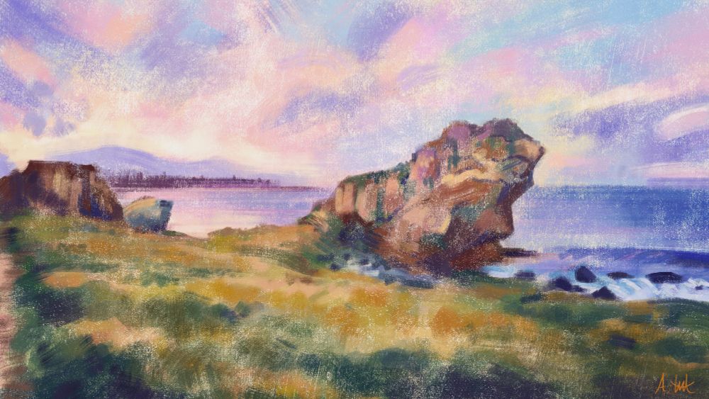 A fairly loose and stylised take on a coastal landscape in the North East of England. I was aiming to make this one look as traditonal as possible so all of the brush strokes are heavily textured and easily visible. Pink and purple hues dominate the sky while the rocks that jut out into the sea have warm earthy tones.