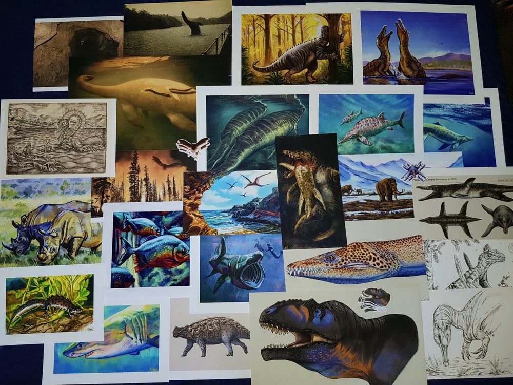 A spread of the prints (and stickers) that I will be selling at #DinoConUK! There's everything from paleoart, to illustrations of extant animals (e.g. sharks) to gritty photomanipulations of your favourite cryptids (Mothman and Nessie). 