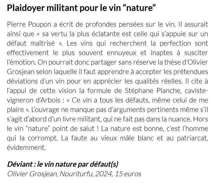 Capture d'écran du petit article de la RVF sur le livre "Déviant" d'Olivier Grosjean.