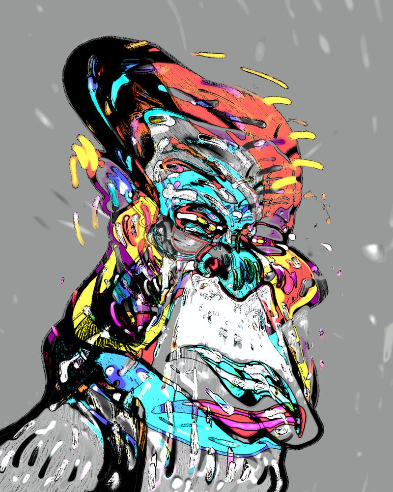 Stylized portrait of a  a person sunk in deep thought. grey background, strong black lines, colorful strokes is yellow, orange, cyan, some blue and pink. Mostly grey scale. Eyes are almost closed, person has a tired en delusional expression. 