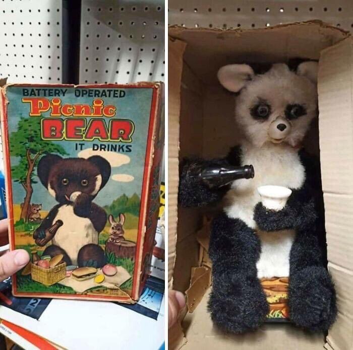 Two image collage. 

First image is a box that says "Picnic Bear. It drinks" in 1950s-ish font and drawing style showing a cartoon panda bear at a picnic. It looks cute. 

Second image is what's actually inside the box and it's a harrowing, dead-eyed stuffed panda staring into the middle distance while pouring itself what I can only assume to be the hardest liquor into a paper cup. This bear has been through the wringer and barely made it out the other side. This bear has seen ALL the shit. 