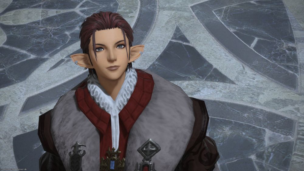 FFXIV WoL "Alddis" in an Alpine Coat in Ishgard, looking up