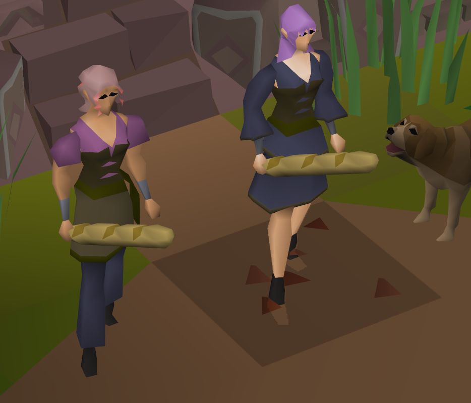 A picture of my two Old School RuneScape characters, my Main and my Ironman, holding their Stale Baguettes while a dog (Molossus) looks on