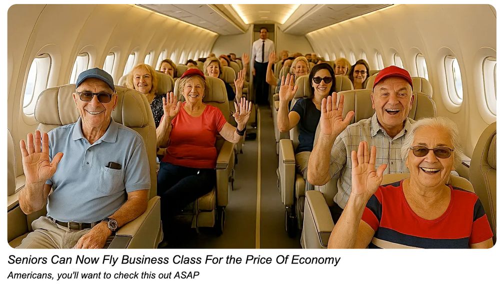 a terrible AI image of 20 senior citizens on a private jet