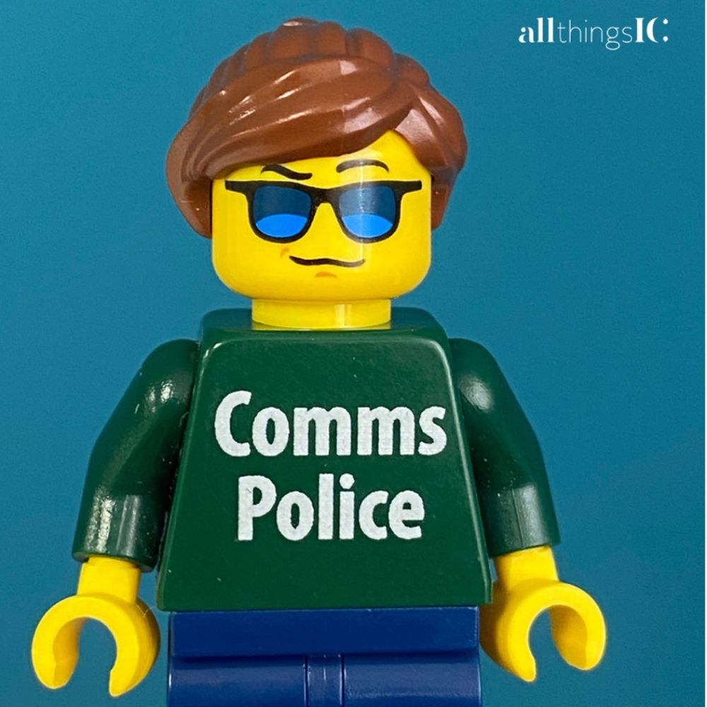 LEGO minifig commissioned by Rachel
Miller. She’s wearing sunglasses and a green top with the words Comms Police on 