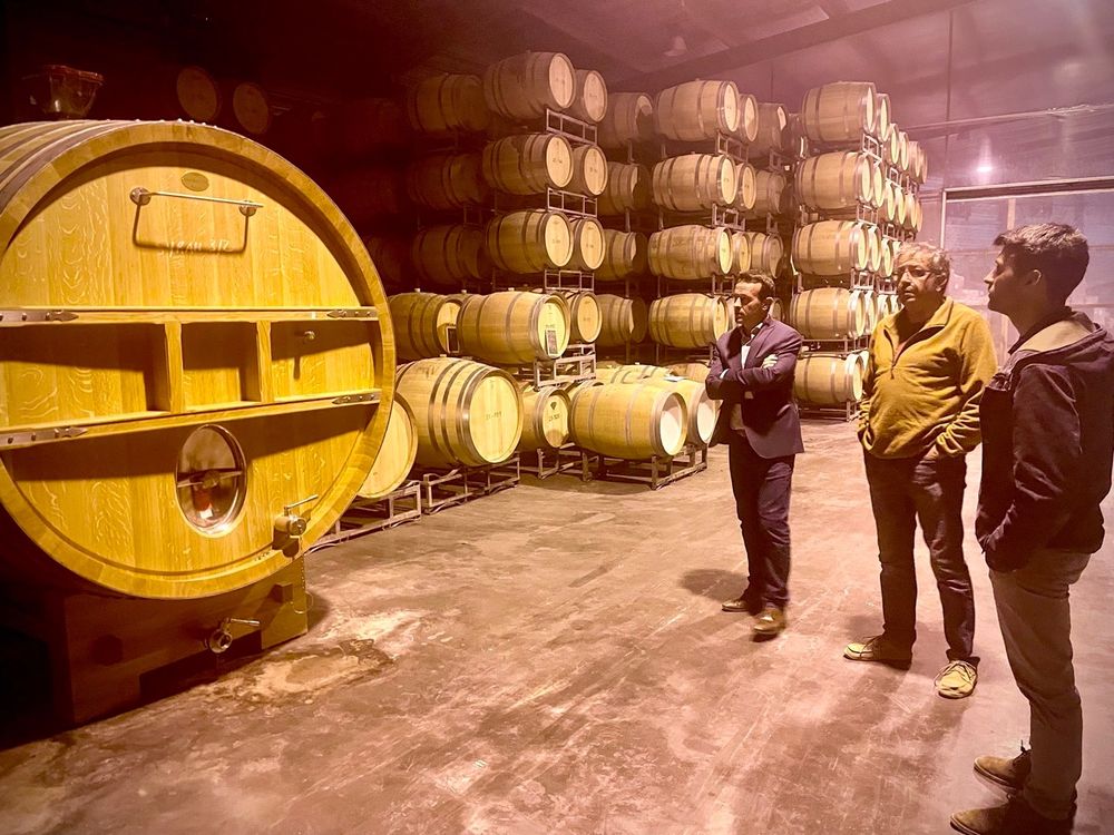 Cave coopérative de Embres et Castelmaure, aux côtés du Président et du directeur de la cave, devant un magnifique foudre en bois.