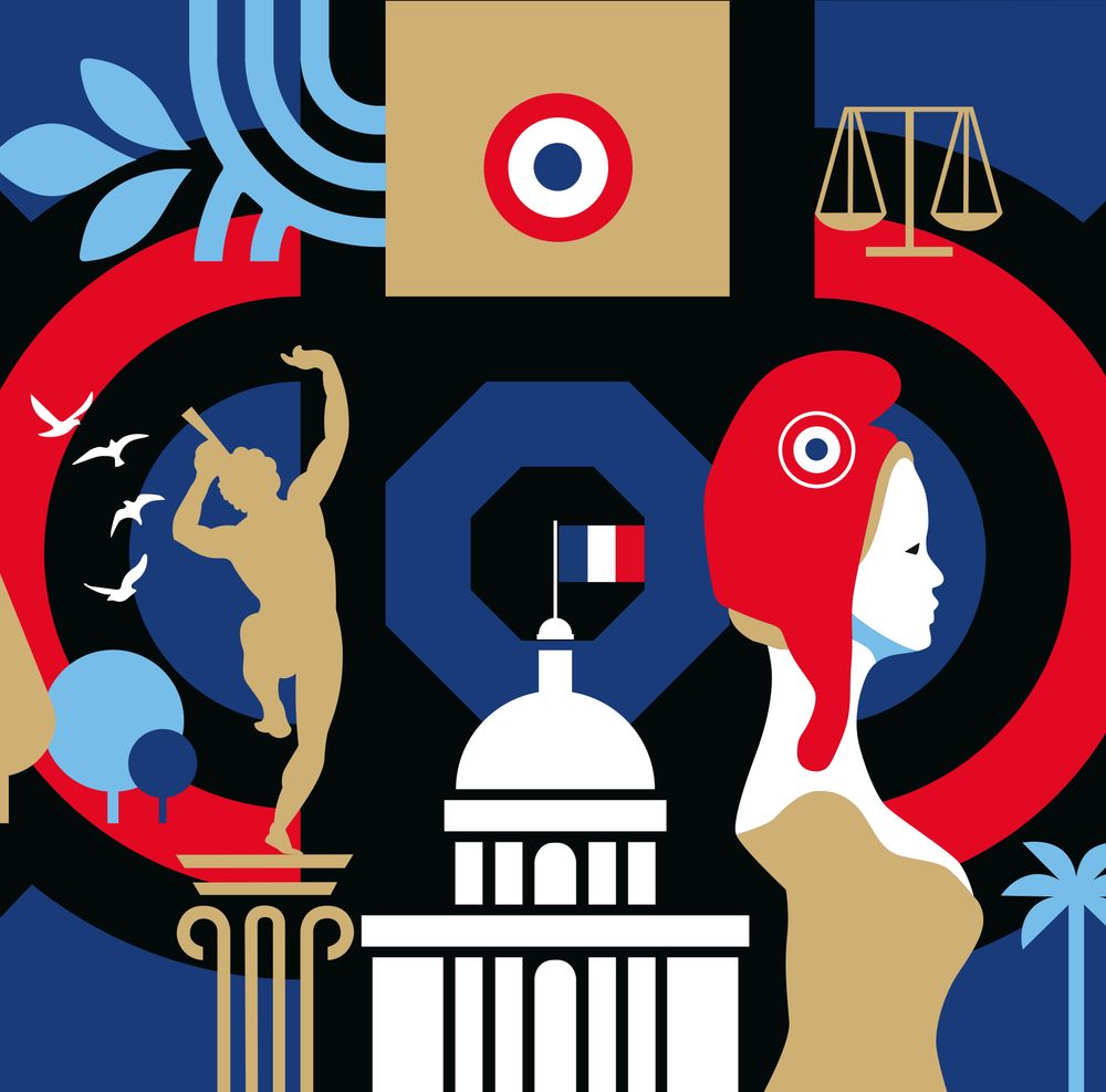 Carte de voeux officielle du Sénat : oeuvre dessinée évoquant différents symboles républicains associés à des représentations du Sénat