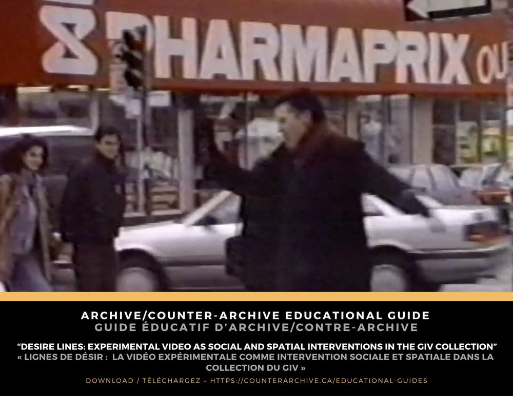 rectangular promotional image. background image is still from Cathy Sisler's Aberrant Motion #1: a city street scene, in which a tall figure in a long black coat walks dramatically in front of a large red Pharmaprix sign.