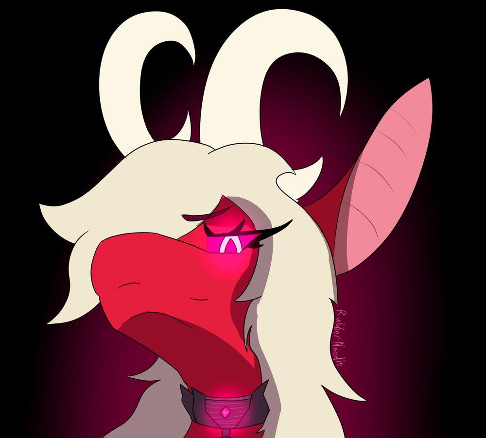 Ruby, a rubber dragon, wearing a grey and pink collar with a glowing gem, with her eyes glowing the same color as the collar