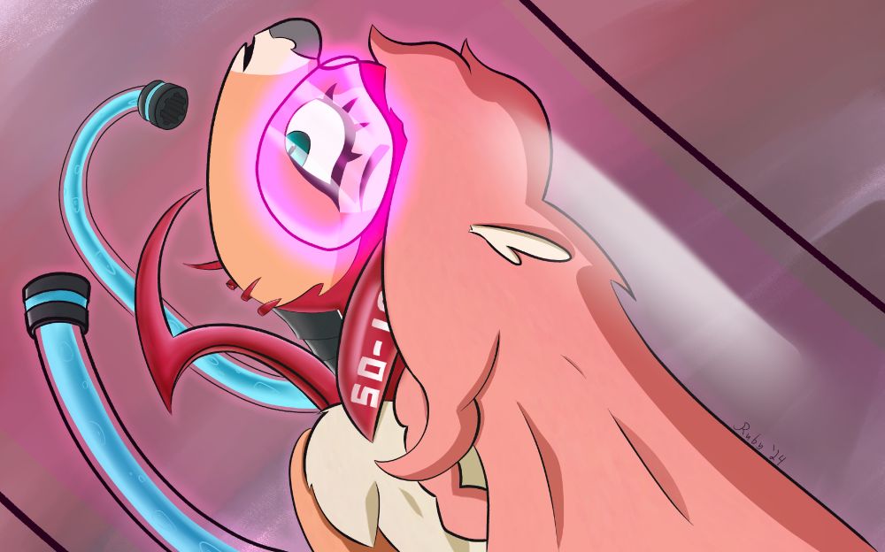 Anthro deer being encased in red rubber and metal grey plating, with a pink visor over their eyes and tubing filled with cyan blue liquid arching over her. She is inside of a glass tube, and some of the rubber has shapeshifted into the shape of a claw.