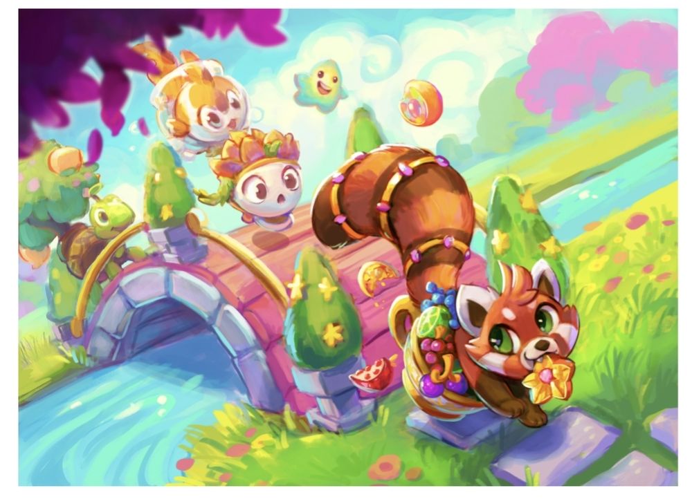 Rough painting of an illustration that ended up in game - creatures from Midas Merge racing across a bridge, following a mox fox who has hoarded a bunch of gem fruit.