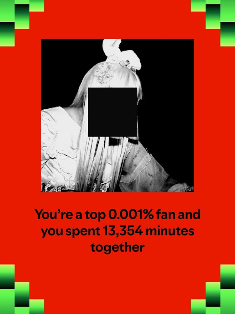 a screenshot from my spotify wrapped, showing my top artist of the year being creep-p, and the text "you're a top 0.001% fan and you spent 13,354 minutes together" end quote.
that's 212 hours. 9 and a half days of creep-p