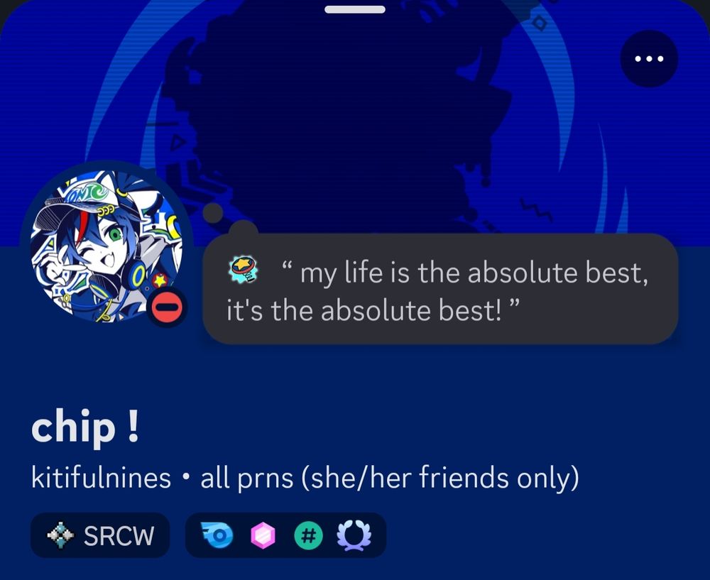 my current discord profile, based on kairiki bear's song "SAI RAI JINSEI RUNNER" complete with pfp, banner, status, and now, a SRCW discord tag referring to Sonic Racing CrossWorlds, as the song is part of a collab between sonic and hatsune miku and will be present in the game