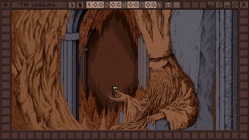 A giant earthen man holds a coal-black person with yellow hair eyes in an underground cave. A screenshot from the opening of The Longing game.