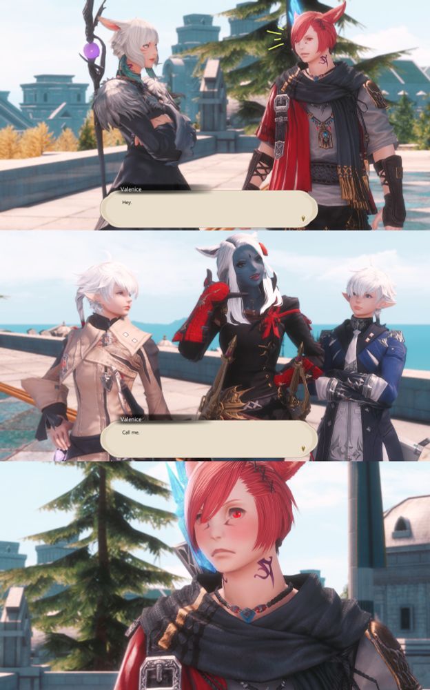gpose comic
Val: [off screen to G'raha while he is talking with Yshtola] Hey.
[G'raha looks over]
Val: [Makes her hand in the shape of a phone] Call me.
[G'raha blushes]