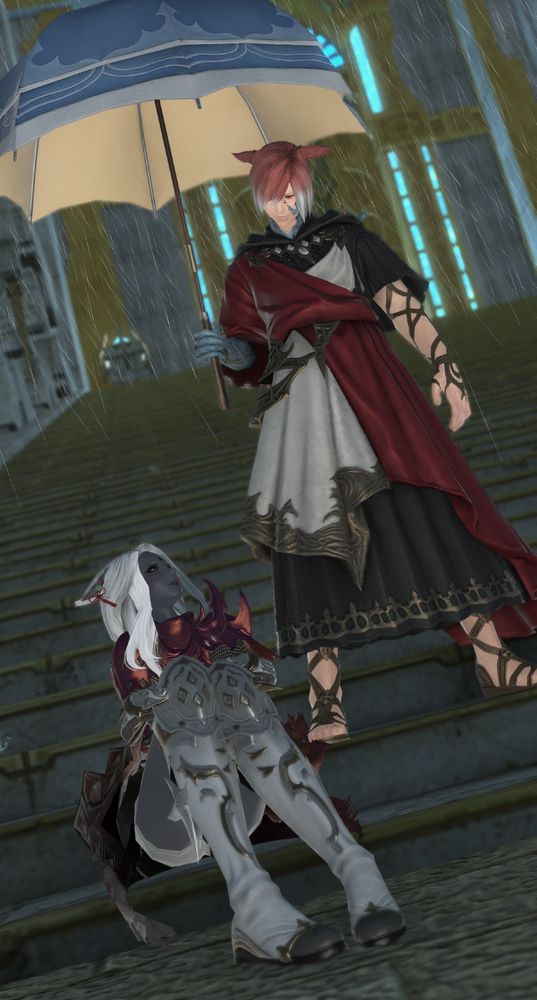 The Exarch smiles, holding an umbrella over her.