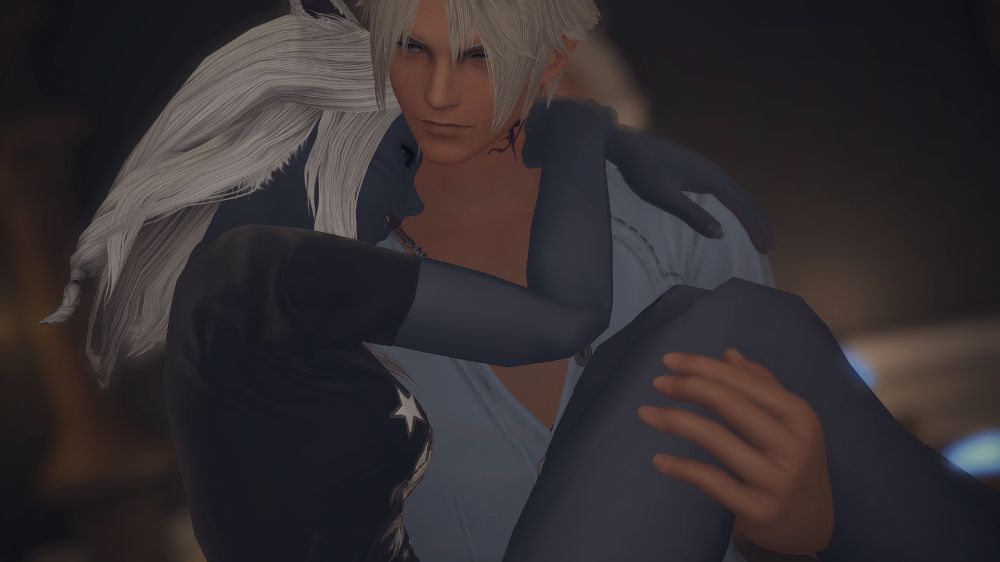 Thancred taking a very sleepy Valenice to bed, as she's too exhausted to move on her own.