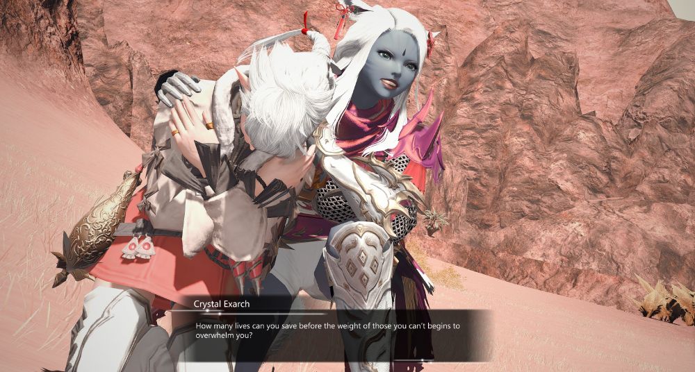 [Image of Valenice tries to support Alisaie as she's breaking down from seeing Tesleen turn into a sin eater]
Exarch: [inner monologue and off-screen] How many lives can you save before the weight of those you can't begins to overwhelm you?
