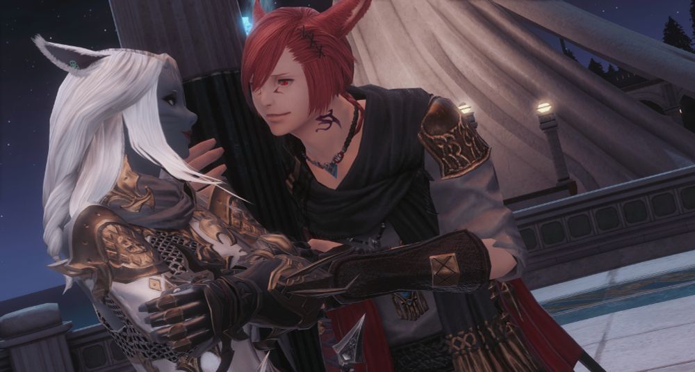 G'raha listening intently to Valenice as he's leaning against a pole