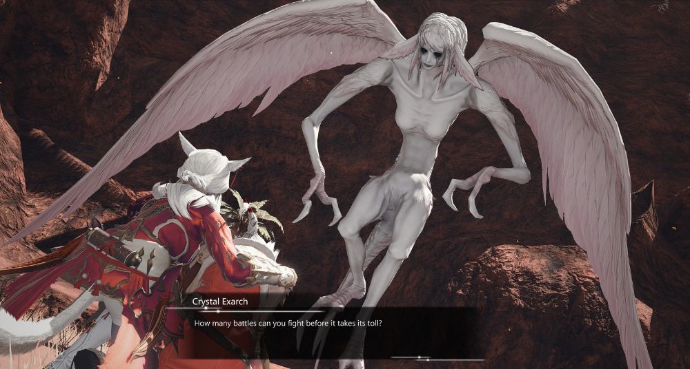 [The image shows Valenice looking up at the now sin eater, Tesleen]
Exarch: [inner monologue and off-screen] How many battles can you fight before it takes its toll?