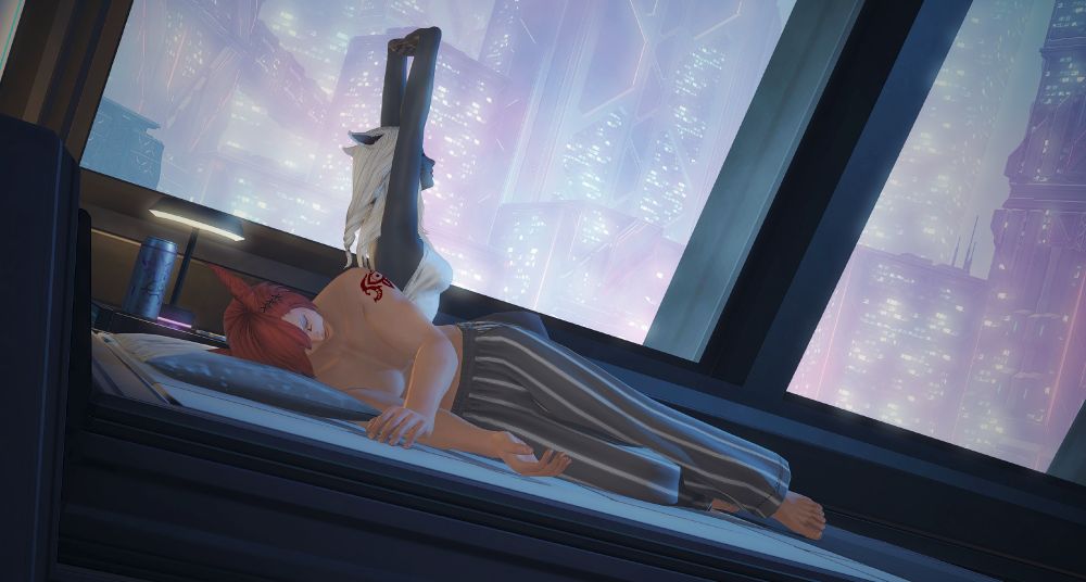 Valenice waking up and stretching, while G'raha's fast asleep