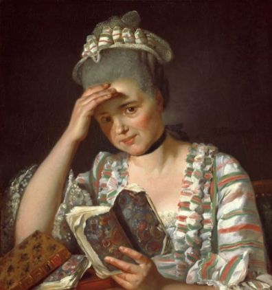 Peinture d'une femme visiblement choquée par le livre qu'elle lit