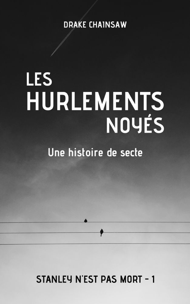 Le titre "Les Hurlements noyés" est écrit en blanc sur le fond noir d'un ciel très nuageux. Sous-titre : "Une histoire de secte". Sur fond gris, deux oiseaux sont perchés sur ce qui semble être des lignes électriques. Le nom de la trilogie "Stanley n'est pas mort" est écrit en noir, en bas. Mon ancien pseudo, "Drake Chainsaw", figure tout en haut.
