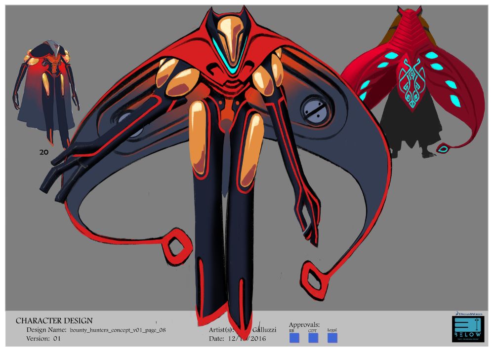 Visual development for Tales of Arcadia: 3Below by Fury Galluzzi . This shows a robotic bounty hunter in red with flashes of gold and blue highlights. On the left marked with 20 appears to be the initial design which is a very leggy bot with wide shoulder plates, golden modules under them and long arms with red lines running down them with a welding mask like shape over the face stretching back in grey. They are wearing a cloak. In the middle is the same bounty hunter modified to give them a long golden mask and the funkiest manta ray like cloak of which the "points" end in two rounded triangle nodules with holes in them. This cloak creates a V shape under the neck and the try mark manta horns coming up either side of the mask. On the right is the back of the manta cloak with banded plating for the heck/neck segments and flashes of neon blue colour including a pattern on the central part draped over the back. The long leggies also appear to be covered by either layers or flared trousers in black and have more humanoid feet.